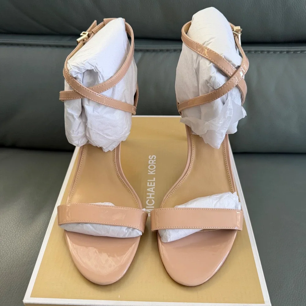 Michael Kors Ava Mid Sandal Patent Lt Blush Pink Stiletto Heels 40F9AVMA1A 8M